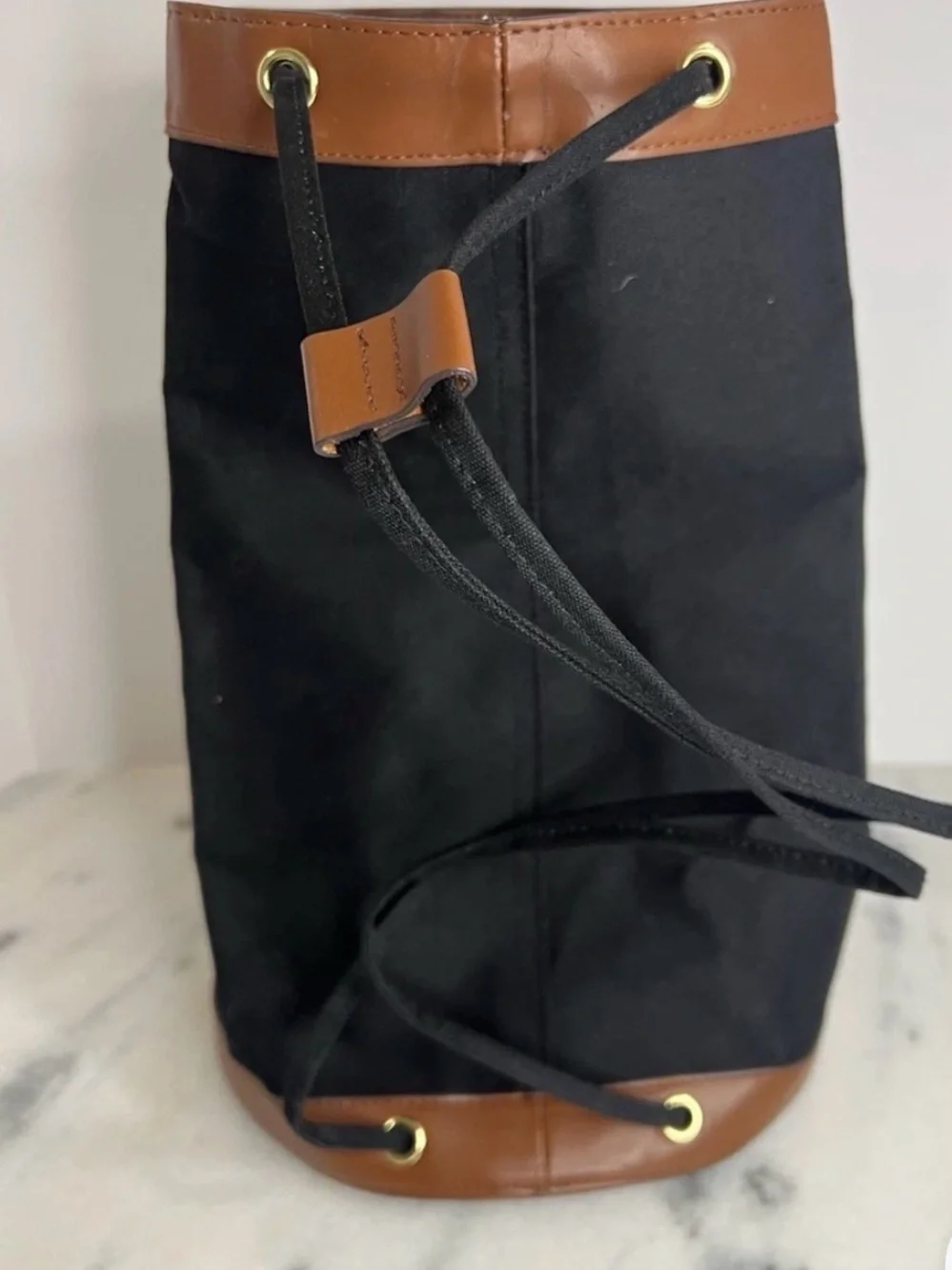 Henri Bendel Black Canvas & Brown Leather Drawstring Bag